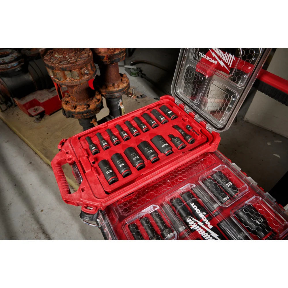 Milwaukee 49-66-6800 Tool SHOCKWAVE Impact-Duty 3/8 in. Drive SAE Deep Well Impact PACKOUT Socket Set (17-Piece)