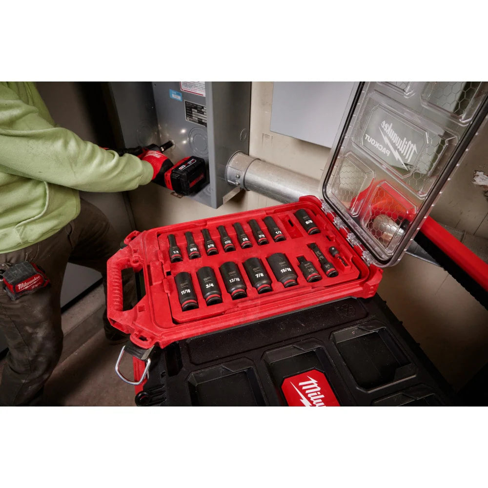 Milwaukee 49-66-6800 Tool SHOCKWAVE Impact-Duty 3/8 in. Drive SAE Deep Well Impact PACKOUT Socket Set (17-Piece)