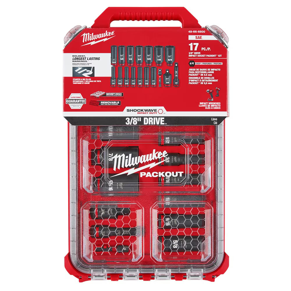 Milwaukee 49-66-6800 Tool SHOCKWAVE Impact-Duty 3/8 in. Drive SAE Deep Well Impact PACKOUT Socket Set (17-Piece)