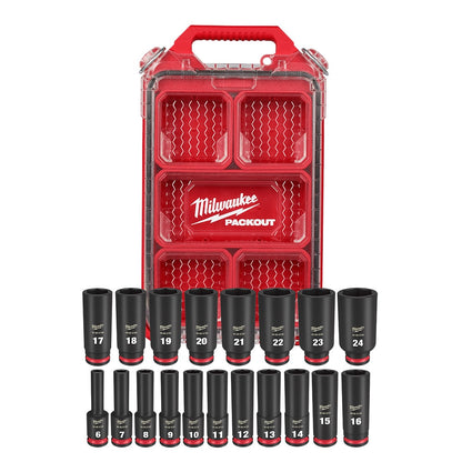 Milwaukee 49-66-6801 Tool SHOCKWAVE Impact-Duty 3/8 inch Drive Metric Deep Well Impact PACKOUT Socket Set (19-Piece)