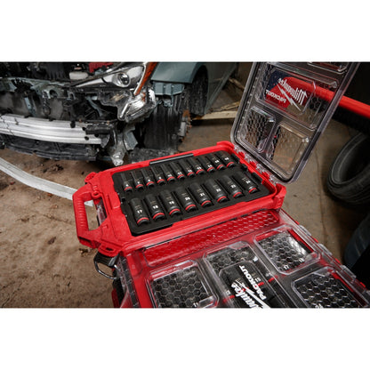 Milwaukee 49-66-6801 Tool SHOCKWAVE Impact-Duty 3/8 inch Drive Metric Deep Well Impact PACKOUT Socket Set (19-Piece)