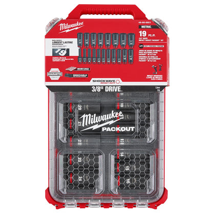 Milwaukee 49-66-6801 Tool SHOCKWAVE Impact-Duty 3/8 inch Drive Metric Deep Well Impact PACKOUT Socket Set (19-Piece)