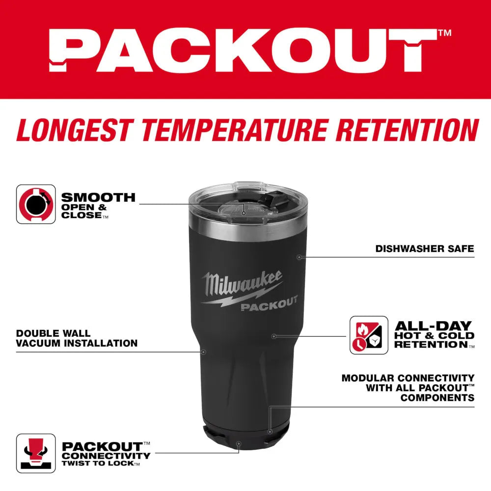 Milwaukee 48-22-8393B PACKOUT™ 30 oz. Tumbler – Black, Double-Wall Vacuum Insulation, Twist-Lock PACKOUT Connectivity, Dishwasher Safe