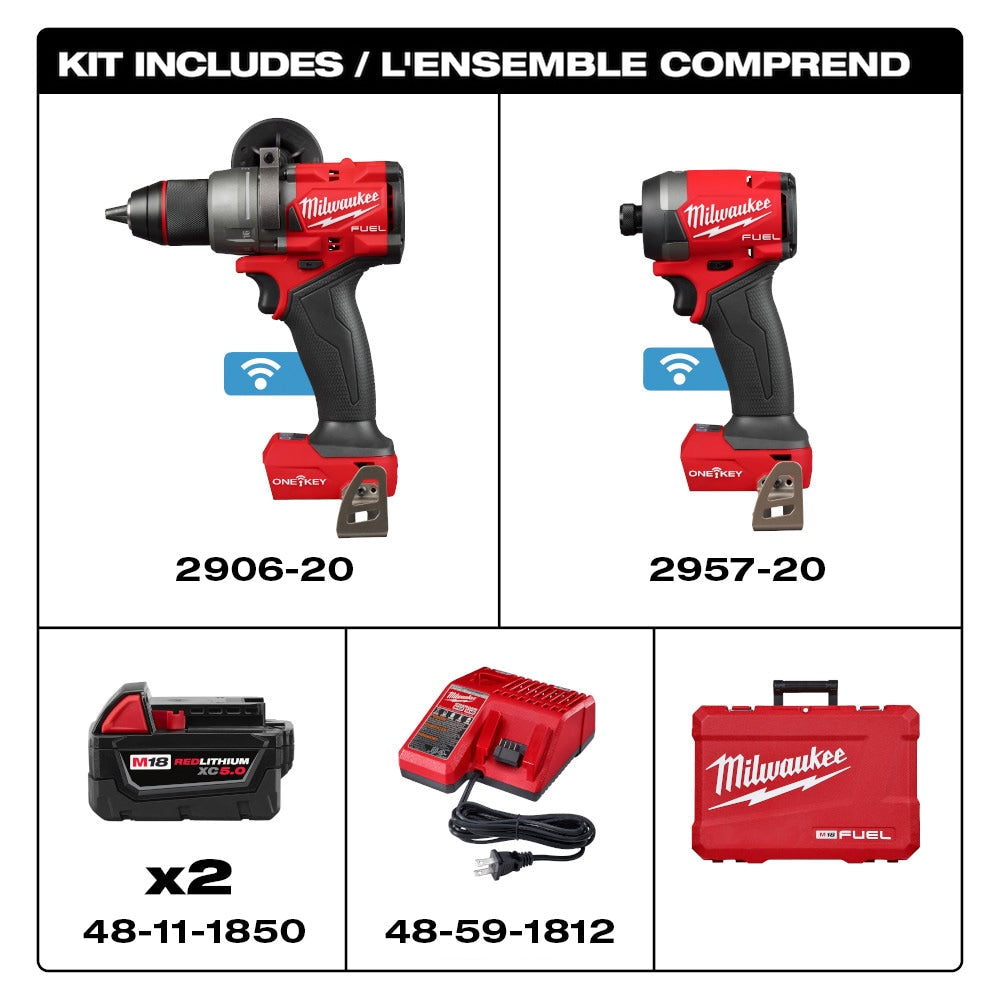 Milwaukee 3696-22 Tool M18 FUEL ONE-KEY 18V Li-Ion Brushless Cordless Hammer Drill/Impact Driver Kit w/ (2) 5.0Ah Batteries