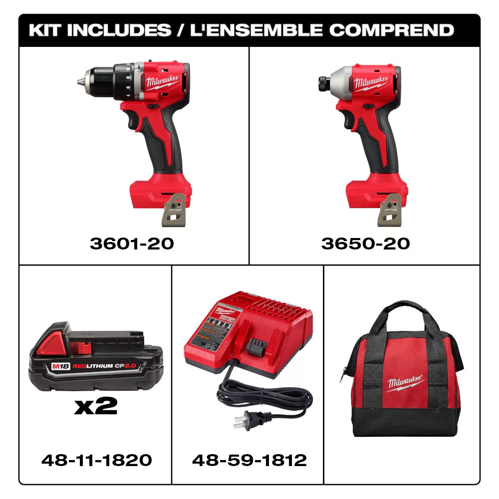 Milwaukee 3692-22CT Tool M18 18-Volt Li-Ion Brushless Cordless Compact Drill/Impact Combo Kit (2-Tool) with (2) 2.0 Ah Batteries