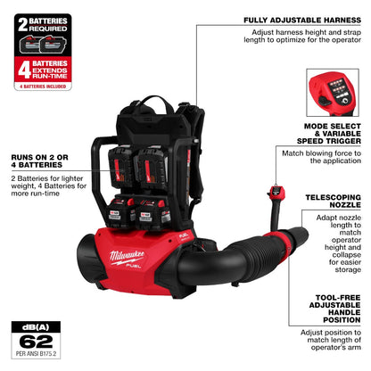 Milwaukee M18 FUEL 3009-24HD Backpack Blower Kit | 155 MPH / 650 CFM | Includes 4×12.0Ah Forge Batteries & 2 Dual Chargers