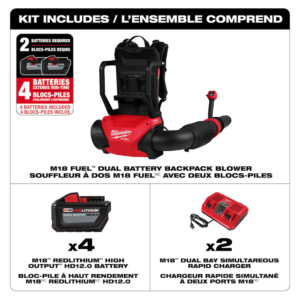 Milwaukee M18 FUEL 3009-24HD Backpack Blower Kit | 155 MPH / 650 CFM | Includes 4×12.0Ah Forge Batteries & 2 Dual Chargers