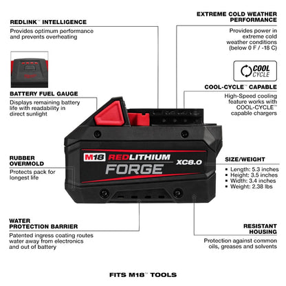 Milwaukee 48-59-1881 Tool 18-Volt M18 Lithium-Ion Extended Capacity (XC) 8.0 Ah REDLITHIUM FORGE Battery with Multi-Voltage Rapid Charger