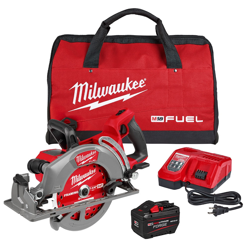 Milwaukee 2930-21HD Tool M18 FUEL 18-Volt Lithium Ion Brushless Cordless 7-1/4 inch Rear Handle Circular Saw Kit with (1) 12.0Ah FORGE