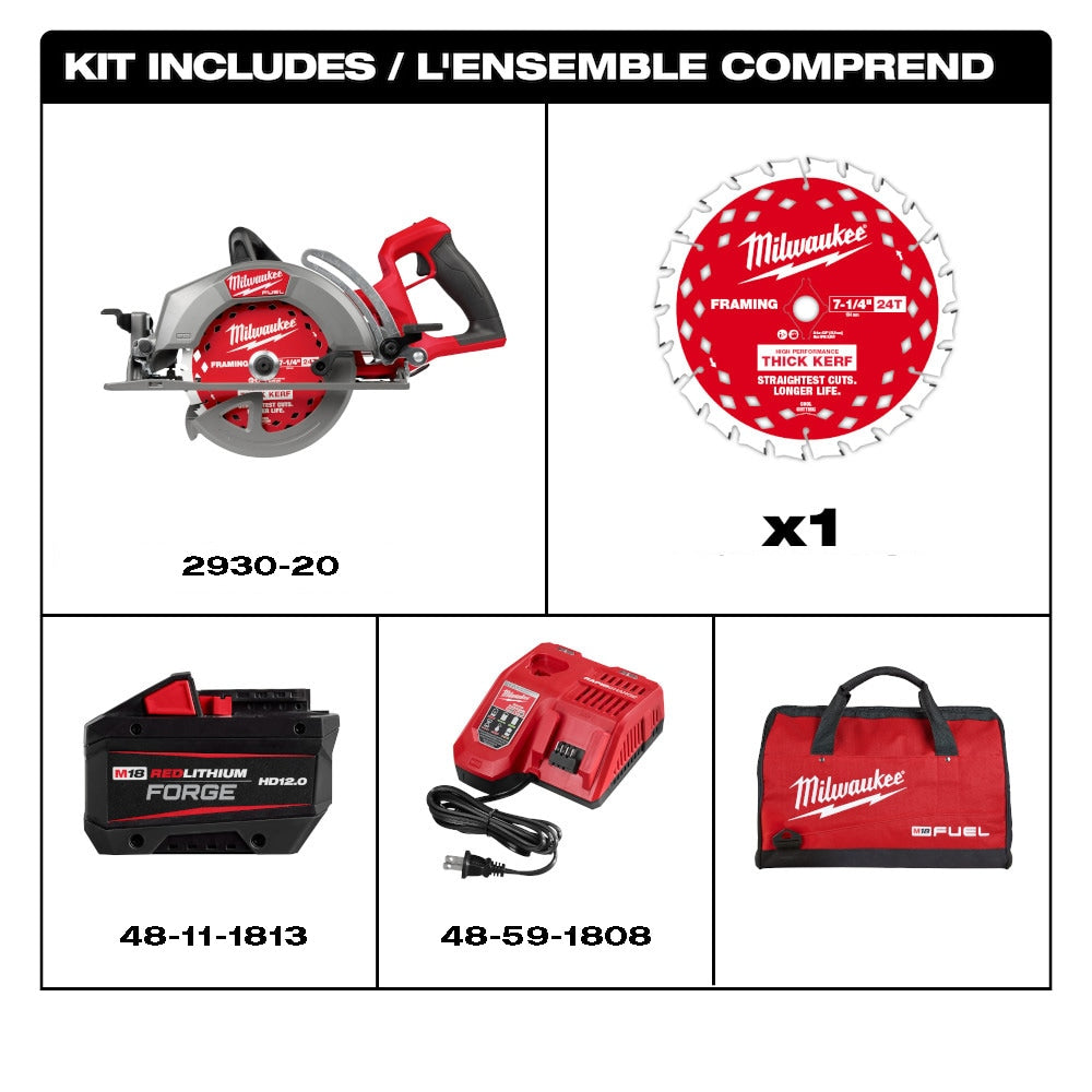 Milwaukee 2930-21HD Tool M18 FUEL 18-Volt Lithium Ion Brushless Cordless 7-1/4 inch Rear Handle Circular Saw Kit with (1) 12.0Ah FORGE
