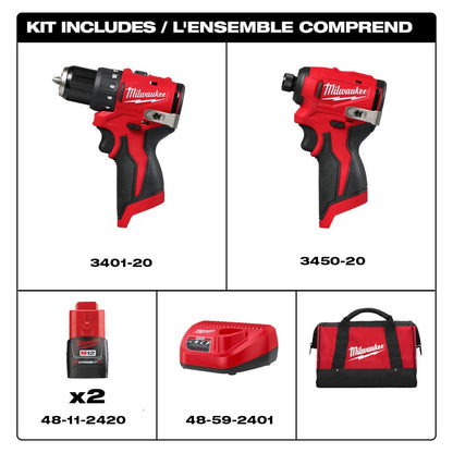 Milwaukee 3494-22 Tool 12-Volt M12 Brushless Cordless Drill Driver and Impact Driver Combo Kit with (2) Batteries & Charger