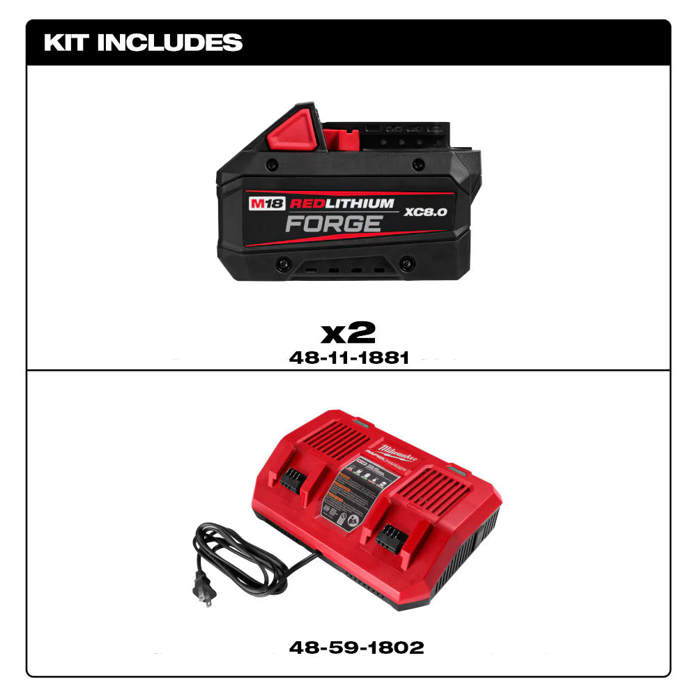 Milwaukee 48-59-1888 Tool M18 18V Li-Ion 8.0 Ah REDLITHIUM FORGE Starter Kit w/ Dual Bay Rapid Charger (2-Pack)