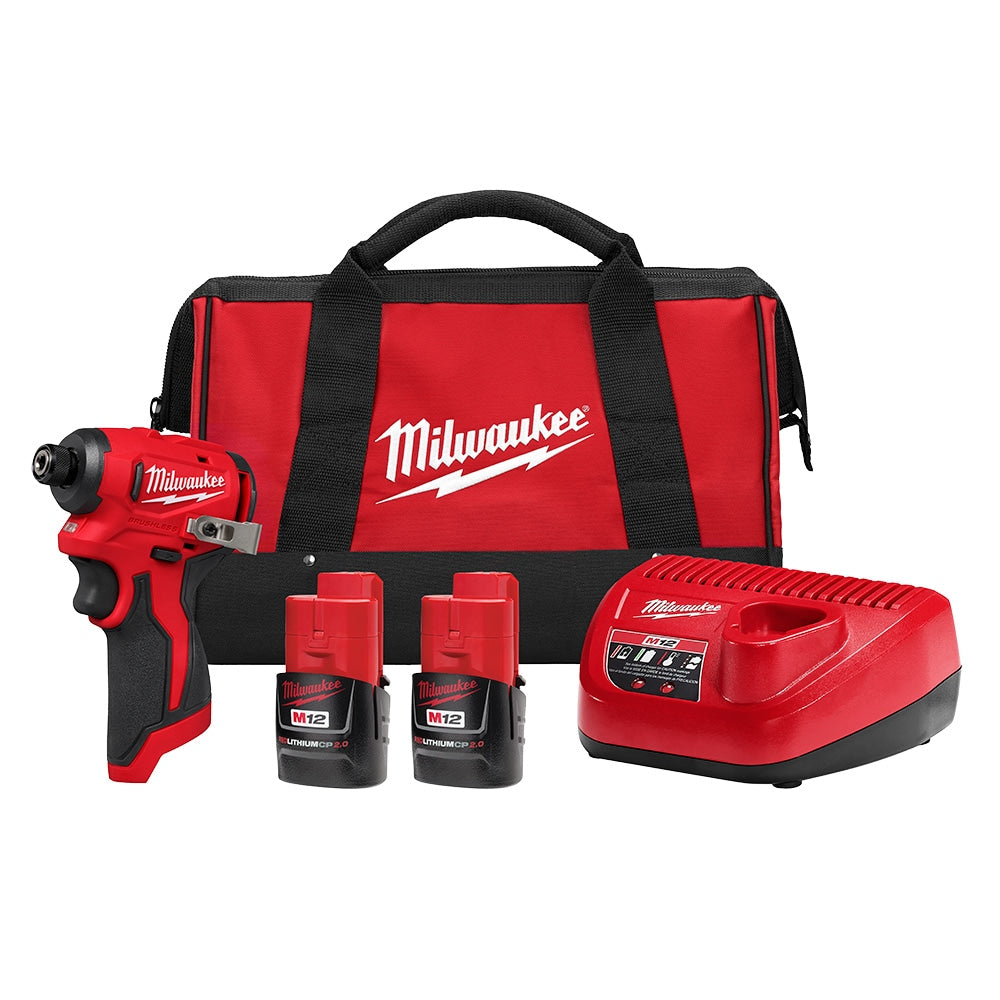 Milwaukee 3450-22 Tool M12 12V Lithium-Ion Brushless Cordless 1/4 in. Impact Driver w/ (2) 2.0 Ah Batteries