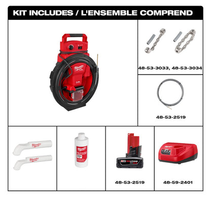 Milwaukee 2519-21 Tool M12 12-Volt Lithium-Ion High Speed Chain Snake for 1-1/4 inch -2 inch Pipes