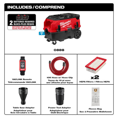 Milwaukee 0888-20 Tool M18 FUEL 18-Volt Li-Ion Cordless 9 Gal. Dual-Batt Dust Extractor with PACKOUT and VACLINK