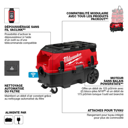 Milwaukee 0888-20 Tool M18 FUEL 18-Volt Li-Ion Cordless 9 Gal. Dual-Batt Dust Extractor with PACKOUT and VACLINK