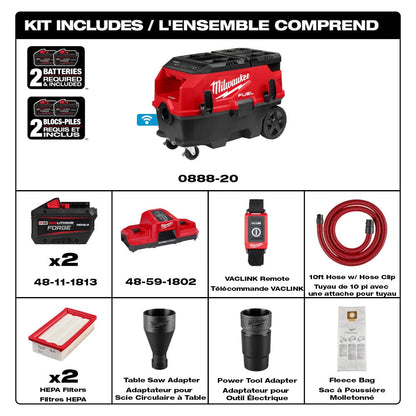 Milwaukee 0888-22HD Tool M18 FUEL 18-VOLT Li-on Cordless 9 Gal. Dual-Bat Dust Extractor with PACKOUT & VACLINK Kit with (2) 12.0 Ah Battery