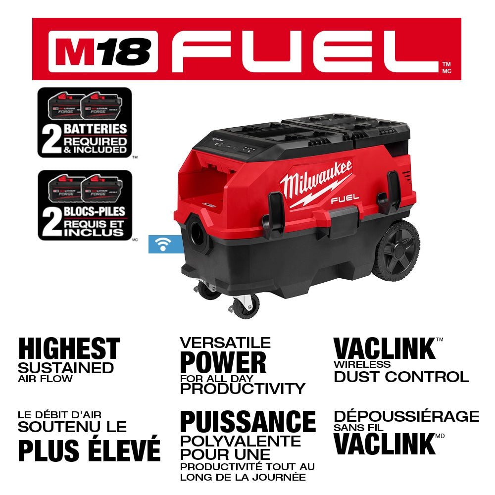 Milwaukee 0888-22HD Tool M18 FUEL 18-VOLT Li-on Cordless 9 Gal. Dual-Bat Dust Extractor with PACKOUT & VACLINK Kit with (2) 12.0 Ah Battery