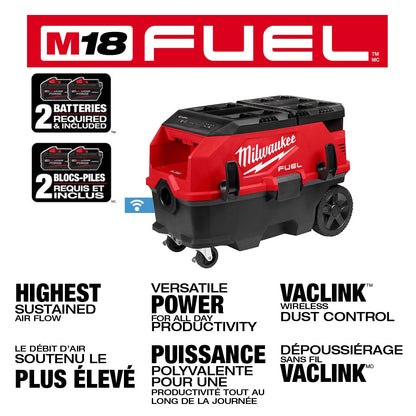 Milwaukee 0888-22HD Tool M18 FUEL 18-VOLT Li-on Cordless 9 Gal. Dual-Bat Dust Extractor with PACKOUT & VACLINK Kit with (2) 12.0 Ah Battery