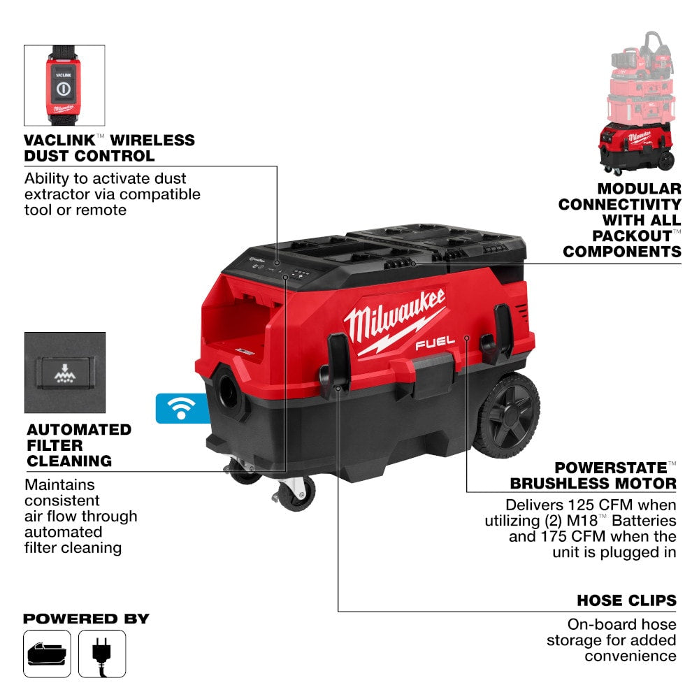 Milwaukee 0888-22HD Tool M18 FUEL 18-VOLT Li-on Cordless 9 Gal. Dual-Bat Dust Extractor with PACKOUT & VACLINK Kit with (2) 12.0 Ah Battery