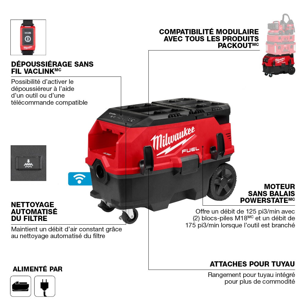 Milwaukee 0888-22HD Tool M18 FUEL 18-VOLT Li-on Cordless 9 Gal. Dual-Bat Dust Extractor with PACKOUT & VACLINK Kit with (2) 12.0 Ah Battery