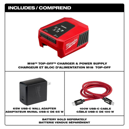 Milwaukee 2847-20 Tool 18-Volt M18 Lithium-Ion Brushless Cordless 100-Watt Powered TOP-OFF Charger and Power Supply