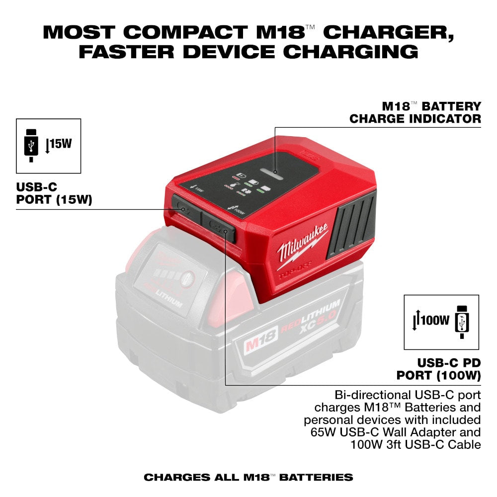 Milwaukee 2847-20 Tool 18-Volt M18 Lithium-Ion Brushless Cordless 100-Watt Powered TOP-OFF Charger and Power Supply