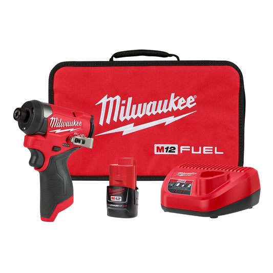 Milwaukee 3453-21 Tool M12 FUEL 12V Li-Ion Brushless 1/4 in. Hex Impact Driver Compact Kit w/ (1) 2.0Ah Battery and Charger