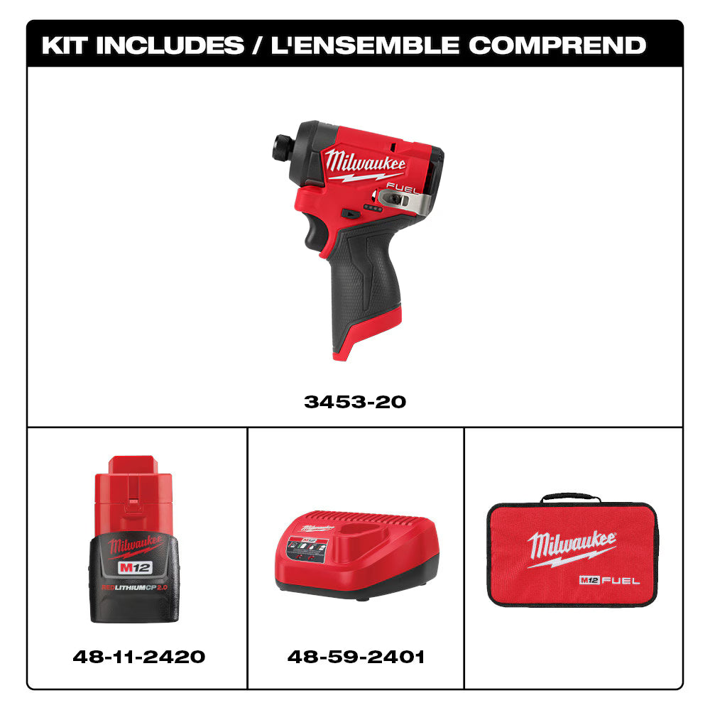 Milwaukee 3453-21 Tool M12 FUEL 12V Li-Ion Brushless 1/4 in. Hex Impact Driver Compact Kit w/ (1) 2.0Ah Battery and Charger