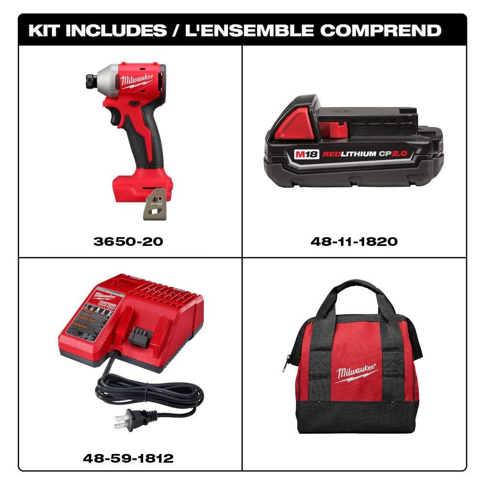 Milwaukee 3650-21P Tool M18 18V Li-Ion Compact Brushless Cordless 1/4in. Impact Driver Kit w/ (1) 2.0 Ah Battery and Charger