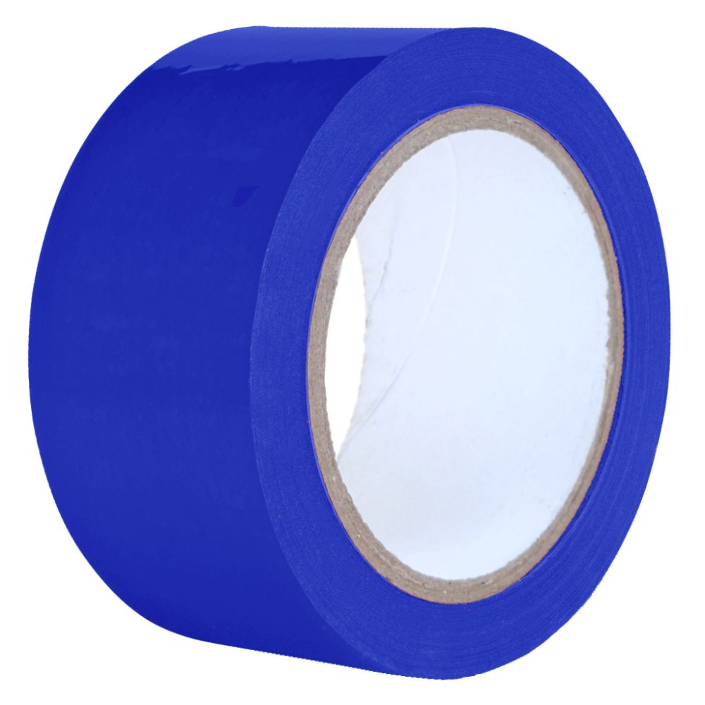 Roll of vibrant blue PVC packaging tape, 9mm wide, showcasing its smooth semi-gloss surface and clean white inner cardboard core against a white background.