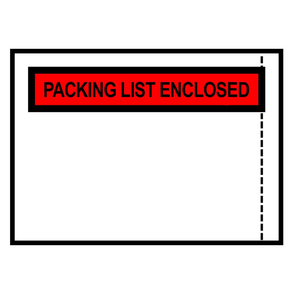 Packing list enclosed self-adhesive envelope with red printed header, 4.5in x 5.5in