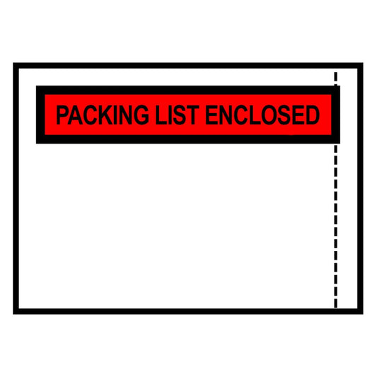 Packing list enclosed self-adhesive envelope with red printed header, 4.5in x 5.5in