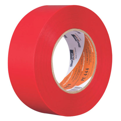 Front view of a 48mm wide roll of red PE444 UV-resistant polyethylene tape, showing the 7MIL thickness and high-tack adhesive layer on a Shurtape core.