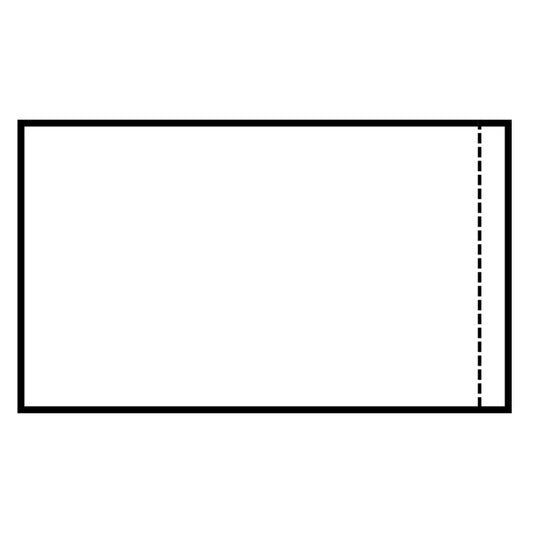 A schematic diagram of a plain clear side-loading packing list envelope with a vertical dotted opening line on a clean white background