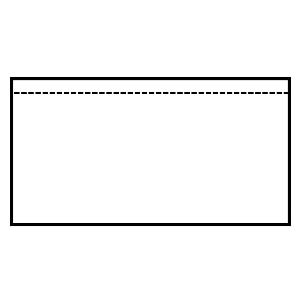 A schematic diagram of a plain clear top-loading packing list envelope with a dotted opening line on a clean white background