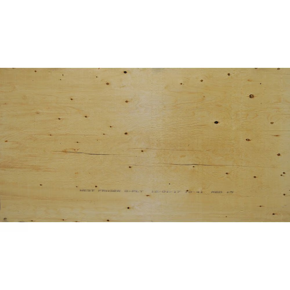 Close-up of West Fraser 5-ply plywood sheet showing natural wood grain texture

