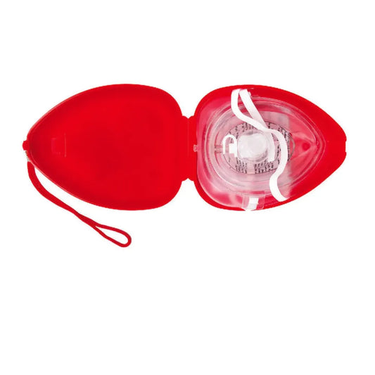 Portable CPR pocket mask with one-way valve and elastic headstrap stored in an open red protective hard shell case.