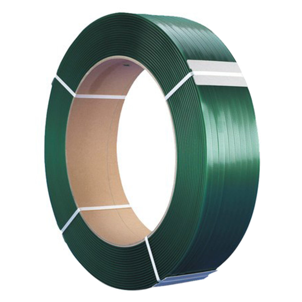 A single large industrial roll of dark green embossed polyester banding strapping with a heavy-duty cardboard inner core isolated on a white background