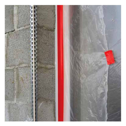Polyethylene UV-Resistant Red Tape Applied on Plastic Sheet Against Wall