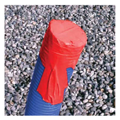 Polyethylene Serrated Red Tape Sealing End of Blue Corrugated Pipe on Gravel