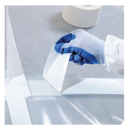 Worker Applying Polyethylene Serrated Tape on Plastic Sheet for Sealing