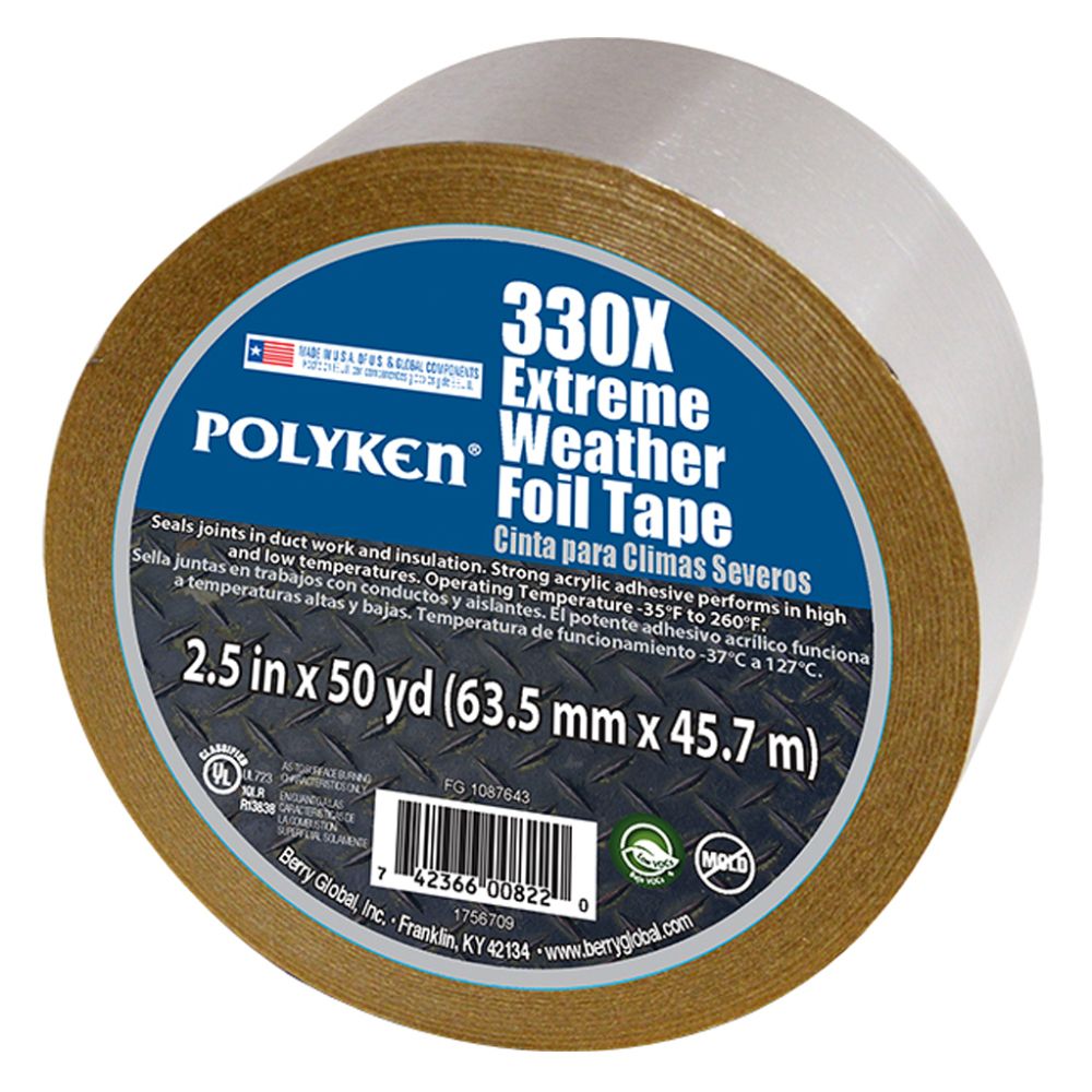 Roll of Polyken 330X Extreme Weather aluminum foil tape with a blue product label, showcasing its silver reflective backing and brown paper liner.