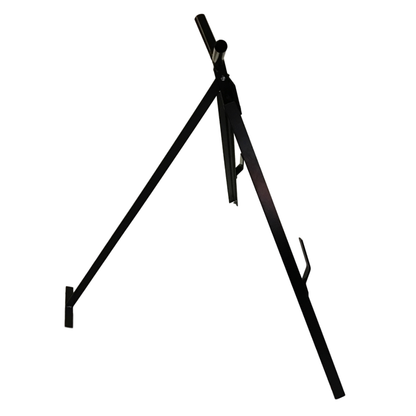 Side angle of a LEO portable tri-pod sign stand showing the durable black powder-coated finish and folding mechanism.