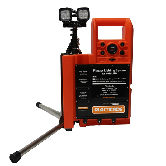 Portable 12-volt LED flagger lighting system featuring dual-head lamps, an orange heavy-duty housing, and a stabilizing tripod base for work zone safety.