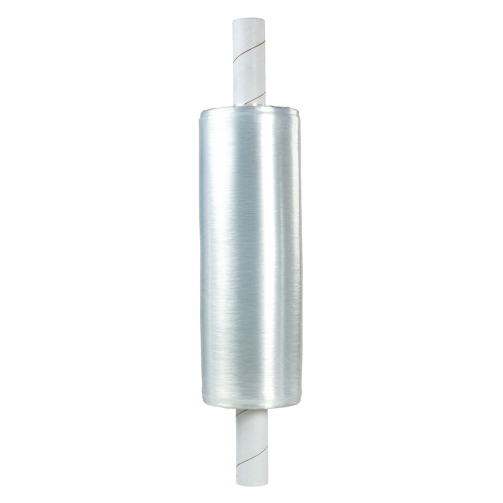 A single vertical roll of clear transparent pre-stretch hand film wrap with an extended white cardboard inner core handle on both ends isolated on a white background