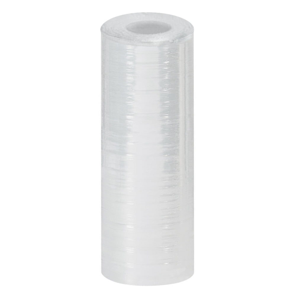 A single vertical roll of coreless clear transparent stretch film wrap with a hollow center designed for industrial dispenser refills isolated on a white background