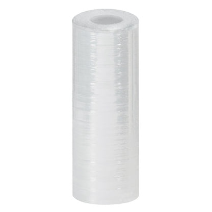 A single vertical roll of coreless clear transparent stretch film wrap with a hollow center designed for industrial dispenser refills isolated on a white background