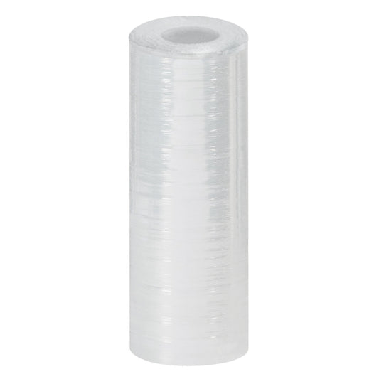 A single vertical roll of coreless clear transparent stretch film wrap with a hollow center designed for industrial dispenser refills isolated on a white background