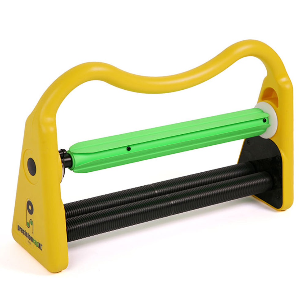 The Precision Wrap XL industrial hand-held stretch film dispenser in high-visibility yellow featuring a green roller and dual black tension bars isolated on a white background